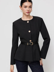 Round Neckline Metal Button Pleated Blazer With Belt