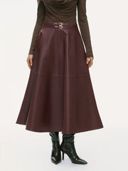 Faux Leather Mid Rise Belted Zipper Midi Skirt