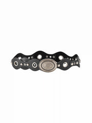 STUDDED & EYELET EMBELLISHED & ENGRAVED OVAL BUCKLE BELT