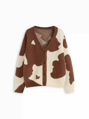 Wool-blend V-neck Cow Print Contrast Trim Cardigan