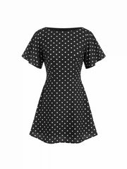 Polka Dot Boat Neck Ruffle Sleeve Knotted A-line Mini Dress