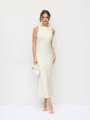 Satin Boat Neck Backless Bowknot Mermaid Maxi Dress