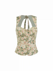 Jacquard Floral Sweetheart Neck Bowknot Corset Tank Blouse