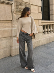 Boat Neck Batwing Long Sleeve Asymmetrical Blouse