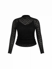 Two-piece Lace Ruched Lettuce Trim See-through Top With Cami Top Curve & Plus