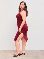 Knit Square Neck Lace Trim Split Solid Midi Dress Curve & Plus