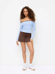 Cotton-blend Off-shoulder Contrasting Binding Top & Mid Rise Drawstring Mini Skirt Set