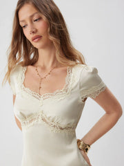 V-neck Lace Panel Slip Knotted Mini Dress