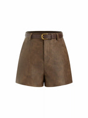 Faux Leather Mid Rise Shorts With Belt