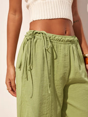 Cotton-blend Mid Rise Drawstring Wide Leg Trousers