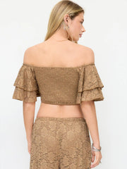 Lace Off-shoulder Ruffle Sleeve Shirred Crop Top