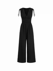 V-neck Lace Trim Ruched Bowknot Mid Rise Wide Leg Jumpsuit