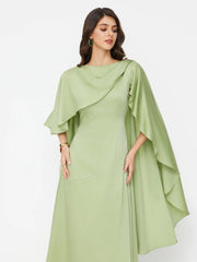 Satin Boat Neck Metal Detail Ruffle Maxi Dress