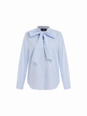Cotton-blend Stripes Stand Collar Bowknot Oversized Blouse With Scarf