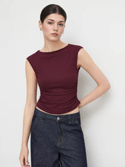 Boat Neck Solid Ruched Tank Top