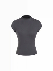 Ribbed Stand Collar Short Sleeve Solid Tee