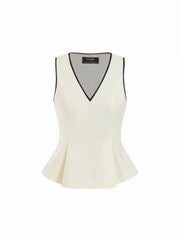 Linen-blend V-neck Contrasting Binding Peplum Top