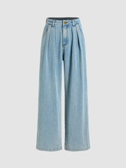 Denim Mid Rise Pleated Wide Leg Jeans