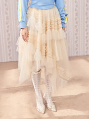 Voluminous Mesh Mid Rise Tulle Tiered Asymmetrical Ruffle Hem Midi Skirt