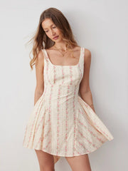 Cotton Floral Square Neck Bowknot A-line Mini Dress