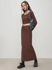 Lace Trim Crop Long Sleeve Top & Ruched Split Maxi Skirt