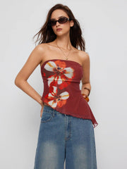 Mesh Floral Ruched Asymmetrical Hem Lettuce Trim Bandeau Top