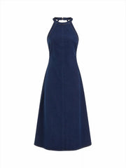 Stretch Washed Denim Halter Neck A-line Maxi Dress