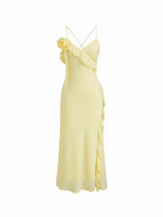 Rosette Ruffle Hem V-neck Backless Maxi Dress