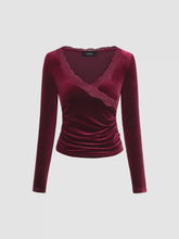Velvet V-neck Solid Lace Ruched Long Sleeve Top
