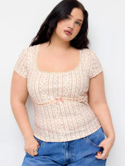 Ditsy Floral Bowknot Lace Trim Short Sleeve Top Curve & Plus