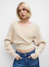 Knit V-neck Solid Wrap Crop Long Sleeve Top