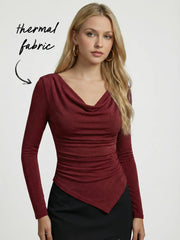 Thermal Cotton-blend Cowl Neck Ruched Asymmetrical Hem Top