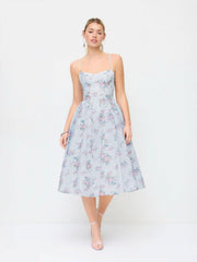 Textured Sculptural Floral Sweetheart Floral High Rise Flared Midi Dress