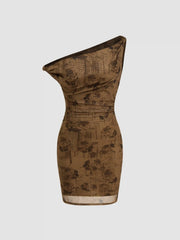Mesh Asymmetrical Neck Rose Print Twist Ruched Mini Dress