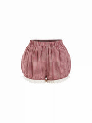 Cotton Square Neck Lace Panel Gingham Top & Mid Rise Bubble Hem Shorts Set