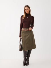 Suede Mid Rise A-line Midi Skirt With Belted