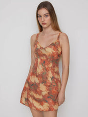 Abstract Floral Cowl Neck Backless A-line Mini Dress With Metal Detail
