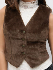 Fleece V-neck Button Cropped Waistcoat