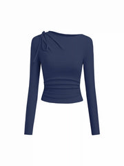 Asymmetrical Neck Long Sleeve Ruched Knotted Top