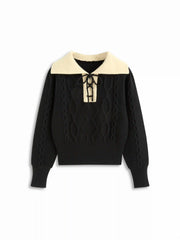 Cable Knit Collar Colorblock Lace Up Long Sleeve Top