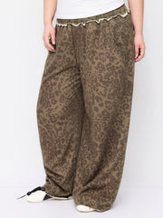 Cotton-blend Mid Rise Leopard Lettuce Trim Wide Leg Trousers Curve & Plus