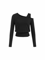Asymmetrical Neck Long Sleeve Top With Button Detail