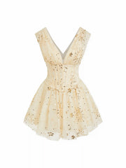 Textured Sequins V-neck Embroidery Lace Up Mini ALINE Dress