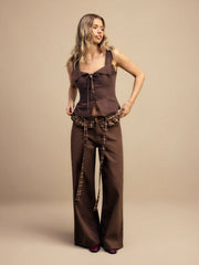 Washed Denim Low Rise Ruffled Wide Leg Trousers