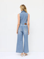 Denim High Rise Washed Metal Detail Wide Leg Jumpsuit