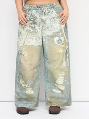 Denim Low Rise Lace Graphic Ripped Wide Leg Jeans Curve & Plus