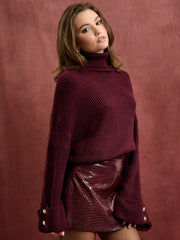 Knit Turtleneck Button Long Sleeve Top