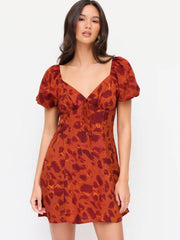 Abstract Print Sweetheart Puff Sleeve A-line Mini Dress