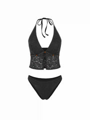 Lace Halter Neckline Floral Cheeky Bikini Set With Beaded Detail
