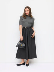 Cotton Stand Collar Two Tone Flared Mid-length Sleeve Maxi Dress With Belt